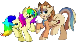 Size: 1280x708 | Tagged: safe, artist:rainbowtashie, author:bigonionbean, derpibooru import, braeburn, wind waker (character), oc, oc:rainbow tashie, oc:spicy cider, earth pony, pegasus, pony, blushing, clothes, commissioner:bigonionbean, cowboy hat, cute, cutie mark, dawwww, dummy thicc, embarrassed, fusion, fusion:spicy cider, hat, in love, jumpsuit, love, romantic, simple background, stetson, transparent background