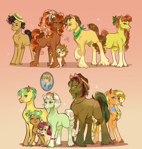 Size: 2000x2092 | Tagged: safe, artist:bunnari, derpibooru import, apple bloom, apple brown betty, apple cobbler, applejack, big macintosh, bright mac, grand pear, granny smith, mosely orange, oak nut, pear butter, uncle orange, oc, oc:alcahazar water, oc:barrel cactus, oc:cinnamon pear, oc:sweet spice, pony, apple family, apple family member, baby, baby pony, pear family, young granny smith, younger