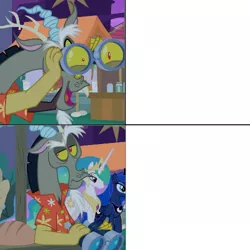 Size: 500x500 | Tagged: safe, derpibooru import, edit, edited screencap, screencap, discord, princess celestia, princess luna, alicorn, draconequus, pony, the summer sun setback, beautiful, before and after, binoculars, bread, canterlot, clothes, disappointed, discord being discord, discord is not amused, ethereal mane, ethereal tail, expecting, female, flowing mane, flowing tail, food, hawaiian shirt, immature, lidded eyes, male, meme, meme template, multicolored mane, multicolored tail, night, obscured face, royal sisters, shirt, shrunken pupils, siblings, sisters, snaggletooth, unamused, walking, yellow sclera