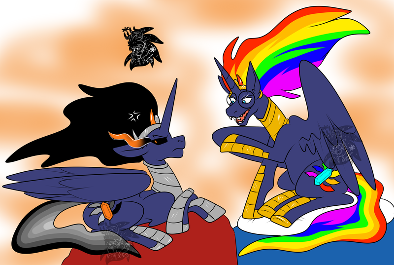 Size: 3913x2628 | Tagged: alicorn, annoyed, artist:sapphirus, commission, derpibooru import, discussion, event horizon, evil side, father: sombra, good side, king, male, oc, rainbow, rainbow horizon, safe, same-being, sombra eyes, stallion