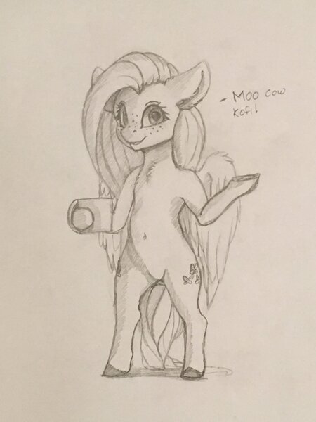 Size: 3024x4032 | Tagged: artist:miokomata, belly button, chest fluff, coffee mug, derpibooru import, dialogue, featureless crotch, female, fluttershy, freckles, freckleshy, monochrome, mug, open mouth, pegasus, safe, semi-anthro, simple background, sketch, solo, traditional art