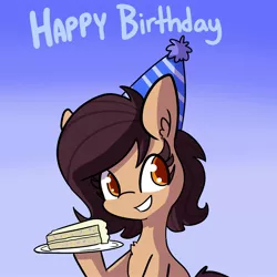 Size: 2250x2250 | Tagged: safe, artist:tjpones, derpibooru import, oc, oc:lockheart, unofficial characters only, earth pony, pony, birthday cake, cake, chest fluff, female, food, gradient background, hat, mare, party hat, solo