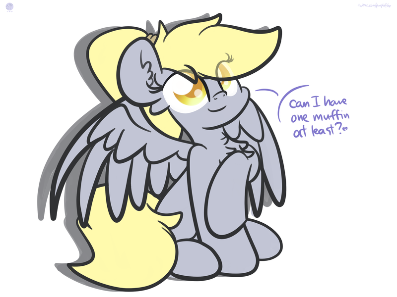 Size: 2560x1920 | Tagged: safe, artist:kimjoman, derpibooru import, derpy hooves, pegasus, pony, alternate hairstyle, chest fluff, colored pupils, cute, derpabetes, dialogue, female, food, mare, muffin, ponytail, sitting, solo, speech bubble, spread wings, text, that pony sure does love muffins, wings