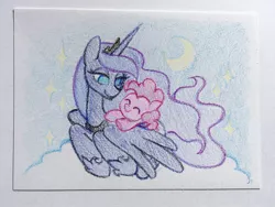 Size: 1500x1125 | Tagged: safe, artist:dawnfire, derpibooru import, pinkie pie, princess luna, alicorn, earth pony, pony, female, lesbian, lunapie, moon, shipping, stars, traditional art