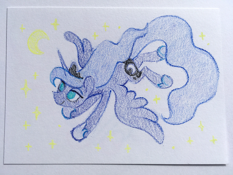 Size: 1500x1125 | Tagged: safe, artist:dawnfire, derpibooru import, princess luna, alicorn, pony, crayon, crayon drawing, flying, jewelry, moon, regalia, simple background, solo, stars, traditional art, white background