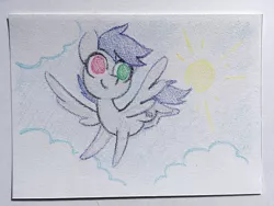 Size: 1500x1125 | Tagged: safe, artist:dawnfire, derpibooru import, oc, unofficial characters only, pegasus, pony, cloud, heterochromia, solo, sun, traditional art