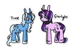 Size: 839x568 | Tagged: safe, artist:ask-pinkie-polkadot-pie, derpibooru import, starlight glimmer, trixie, pony, tumblr:ask-pinkie-polkadot-pie, implied death, long ears, simple background, story included, transparent background