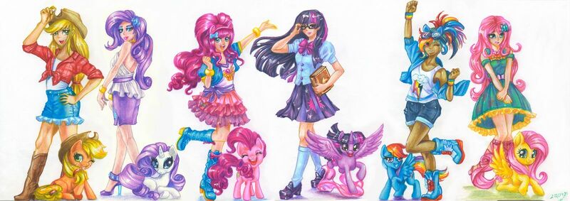 Size: 1600x566 | Tagged: safe, artist:aschenstern, derpibooru import, kotobukiya, applejack, fluttershy, pinkie pie, rainbow dash, rarity, twilight sparkle, twilight sparkle (alicorn), alicorn, earth pony, human, pegasus, pony, unicorn, book, humanized, mane six, traditional art