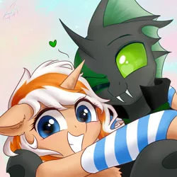 Size: 3000x3000 | Tagged: safe, artist:astery, derpibooru import, oc, oc:accurate balance, oc:utopia, unofficial characters only, changeling, pony, unicorn, accopia, commission, cuddling, cute, duo, green changeling, grin, heart eyes, looking at you, one eye closed, selfie, simple background, smiling, sparkling eyes, two toned mane, two-tone background, wingding eyes, wink