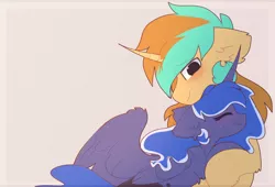 Size: 1518x1032 | Tagged: safe, artist:little-sketches, derpibooru import, princess luna, oc, oc:demi, oc:demiurgic theory, alicorn, unicorn, blushing, canon x oc, couple, cuddling, cute, daaaaaaaaaaaw, duo, female, floppy ears, fluffy, happy, hnnng, hug, love, male, precious, shipping, simple background, size difference, smiling, snuggling, straight, sweet dreams fuel, weapons-grade cute, wholesome