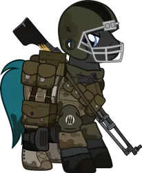 Size: 1280x1553 | Tagged: safe, artist:n0kkun, derpibooru import, oc, oc:steel burst, unofficial characters only, earth pony, pony, fallout equestria, armor, bag, belt, boots, bullet, camouflage, clothes, crossover, dirt, fallout, football helmet, gloves, gun, handgun, helmet, knee pads, machine gun, male, mud, pants, pistol, pouch, shirt, shoes, simple background, solo, stallion, transparent background, weapon