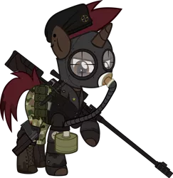 Size: 1280x1317 | Tagged: safe, artist:n0kkun, derpibooru import, oc, oc:thunder shot, unofficial characters only, pony, unicorn, fallout equestria, anti-materiel rifle, belt, beret, boots, camouflage, clothes, crossover, ear piercing, earring, fallout, female, fingerless gloves, gas mask, gloves, gun, handgun, hat, jacket, jewelry, knife, leather jacket, mare, mask, pants, piercing, pistol, pouch, rifle, shirt, shoes, simple background, sniper, sniper rifle, solo, transparent background, weapon