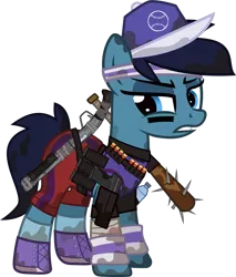 Size: 1280x1505 | Tagged: safe, artist:n0kkun, derpibooru import, oc, oc:strong steps, unofficial characters only, earth pony, pony, fallout equestria, bandage, baseball bat, baseball cap, belt, bottle, bullet, cap, clothes, crossover, dirt, eye black (makeup), face paint, fallout, female, gritted teeth, gun, handgun, hat, headband, mare, mud, nails, pants, pistol, shoes, shotgun, shotgun shell, simple background, socks, solo, sweatband, sweatpants, tanktop, tape, transparent background, water, water bottle, weapon