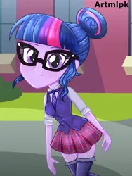 Size: 1536x2048 | Tagged: safe, artist:artmlpk, derpibooru import, sci-twi, twilight sparkle, equestria girls, adorable face, adorkable, beautiful, blushing, clothes, cute, design, digital art, dork, hair bun, looking at you, miniskirt, nerd, outfit, skirt, smiling, smiling at you, socks, solo, thigh highs, twiabetes, walking