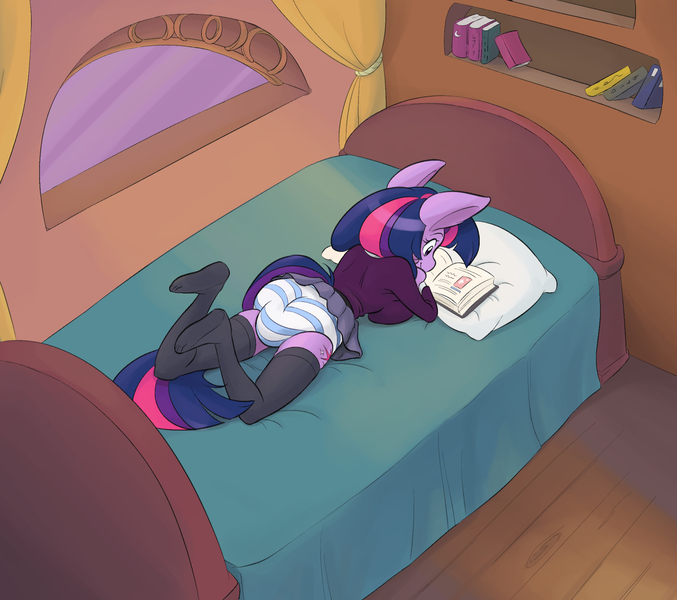 Size: 1881x1668 | Tagged: questionable, artist:mae, derpibooru import, twilight sparkle, anthro, plantigrade anthro, unicorn, accident, ass, bed, black socks, book, bookshelf, breast squish, breasts, bulges, busty twilight sparkle, butt, clothes, female, fetish, golden oaks library, mare, oblivious, on bed, panties, pantypoop, poop, pooping, prone, reading, scat, short skirt, skirt, socks, soiling, solo, solo female, squishy, stockings, striped panties, striped underwear, sweater, thigh highs, underwear, unicorn twilight, upskirt, window