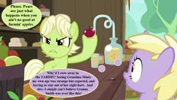 Size: 1280x720 | Tagged: apple, apple stand, derpibooru import, dinky hooves, doctor who, edit, edited screencap, food, granny smith, implied minty, safe, screencap, speech bubble, talking, the perfect pear, thought bubble, younger, young granny smith