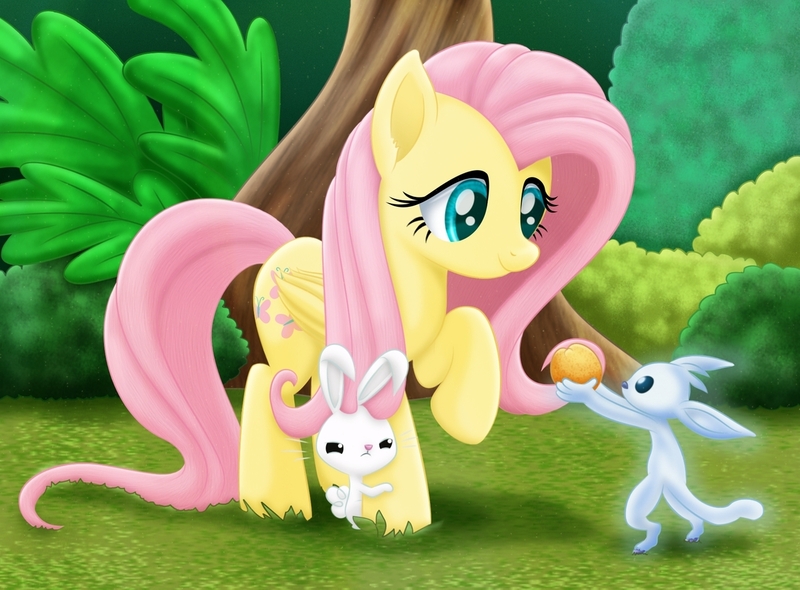 Size: 1280x944 | Tagged: safe, artist:lifesharbinger, derpibooru import, angel bunny, fluttershy, pegasus, pony, rabbit, animal, crossover, cute, female, fluttershy day, folded wings, food, forest, giving, jealous, looking at each other, mare, orange, ori, ori and the blind forest, ori and the will of the wisps, outdoors, raised hoof, shyabetes, smiling, suspicious, trio, wings