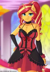 Size: 1114x1600 | Tagged: safe, artist:twistedscarlett60, derpibooru import, sunset shimmer, anthro, unicorn, alternate hairstyle, bare shoulders, blurred background, breasts, chest fluff, choker, clothes, cute, detached sleeves, dress, ear fluff, female, floppy ears, gothic lolita, lolita fashion, looking at you, mare, ponytail, ribbon, ruffles, shimmerbetes, shoulder fluff, smiling, solo