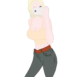 Size: 768x768 | Tagged: artist:jilly, barely pony related, belly button, belt, blonde, blonde hair, breasts, cleavage, clothes, derpibooru import, female, human, humanized, oc, oc:jill, pants, phone, simple background, solo, suggestive, tanktop, transparent background, unofficial characters only