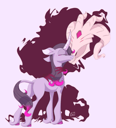 Size: 543x600 | Tagged: safe, artist:ogaraorcynder, artist:szafir87, derpibooru import, fhtng th§ ¿nsp§kbl, oleander (tfh), classical unicorn, demon, unicorn, them's fightin' herds, animated, blushing, boop, butt, cloven hooves, community related, curved horn, cute, eyes closed, female, floppy ears, fredeander, gif, horn, interspecies, leonine tail, male, mare, noseboop, nuzzling, pink background, plot, shadow, shipping, simple background, skull, smiling, unshorn fetlocks, white background