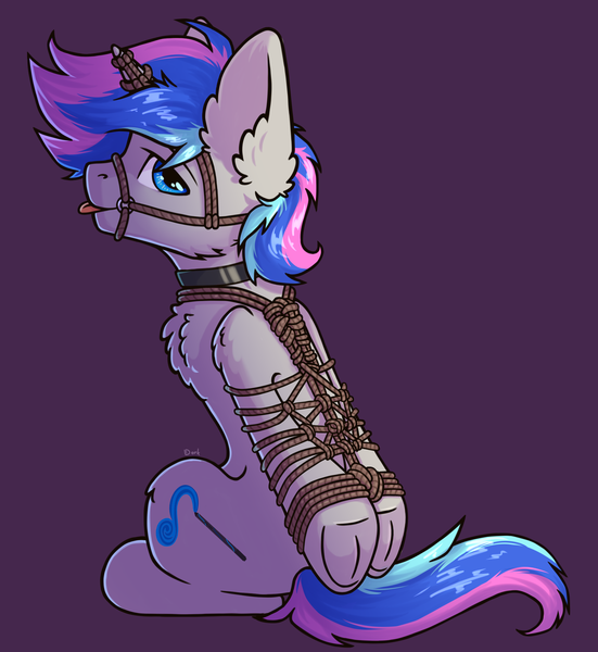 Size: 1800x1959 | Tagged: questionable, artist:dark lightning, derpibooru import, oc, pony, unicorn, arm behind back, bondage, bridle, collar, looking back, rope, rope bondage, shibari, solo, tack, tongue out, underhoof