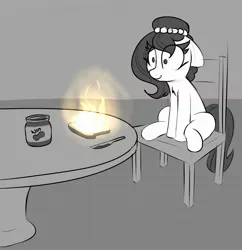 Size: 2517x2601 | Tagged: safe, artist:lockheart, derpibooru import, oc, oc:brownie bun, unofficial characters only, earth pony, pony, bread, chair, epic fail, fail, female, fire, floppy ears, food, mare, monochrome, peanut butter, sitting, solo, this ended in fire, this is fine, toast, you've met with a terrible fate haven't you?