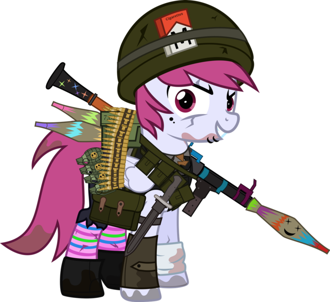 Size: 1280x1170 | Tagged: safe, artist:n0kkun, derpibooru import, oc, oc:sky bomb, unofficial characters only, pegasus, pony, fallout equestria, ammo belt, ammo can, bandage, bandolier, bayonet, boots, bullet, cigarette, cigarette pack, clothes, crossover, dirty, eye scar, fallout, female, grenade, gun, helmet, knife, lip piercing, mare, marlboro, pants, piercing, pouch, rocket launcher, rpg-7, scar, shoes, shorts, simple background, smiley face, smiling, socks, solo, striped socks, tanktop, torn clothes, transparent background, vest, weapon