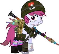 Size: 1280x1170 | Tagged: safe, artist:n0kkun, derpibooru import, oc, oc:sky bomb, unofficial characters only, pegasus, pony, fallout equestria, ammo belt, ammo can, bandage, bandolier, bayonet, boots, bullet, cigarette, cigarette pack, clothes, crossover, dirty, eye scar, fallout, female, grenade, gun, helmet, knife, lip piercing, mare, marlboro, pants, piercing, pouch, rocket launcher, rpg-7, scar, shoes, shorts, simple background, smiley face, smiling, socks, solo, striped socks, tanktop, torn clothes, transparent background, vest, weapon