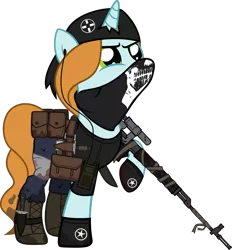 Size: 1280x1381 | Tagged: safe, artist:n0kkun, derpibooru import, oc, oc:hyper scope, unofficial characters only, pony, unicorn, fallout equestria, bag, bandana, belt, beret, boots, clothes, crossover, dragunov, fallout, female, gloves, gun, hat, jeans, knife, mare, pants, pouch, radio, raised hoof, rifle, saddle bag, shirt, shoes, simple background, sniper, sniper rifle, solo, t-shirt, tape, torn clothes, transparent background, weapon