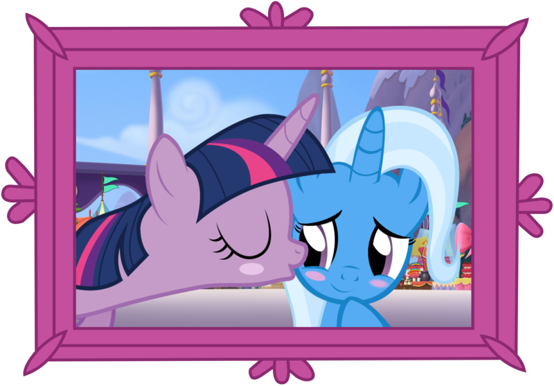 Size: 6250x4351 | Tagged: artist:ejlightning007arts, artist:themexicanpunisher, bust, derpibooru import, edit, female, kissing, kiss on the cheek, lesbian, portrait, safe, shipping, trixie, twilight sparkle, twixie