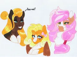 Size: 3924x2920 | Tagged: safe, artist:frozensoulpony, derpibooru import, oc, oc:canary, oc:honey humble, oc:miss muppet, unofficial characters only, earth pony, pegasus, pony, female, mare, offspring, parent:fluttershy, parent:troubleshoes clyde, parents:troubleshy, traditional art