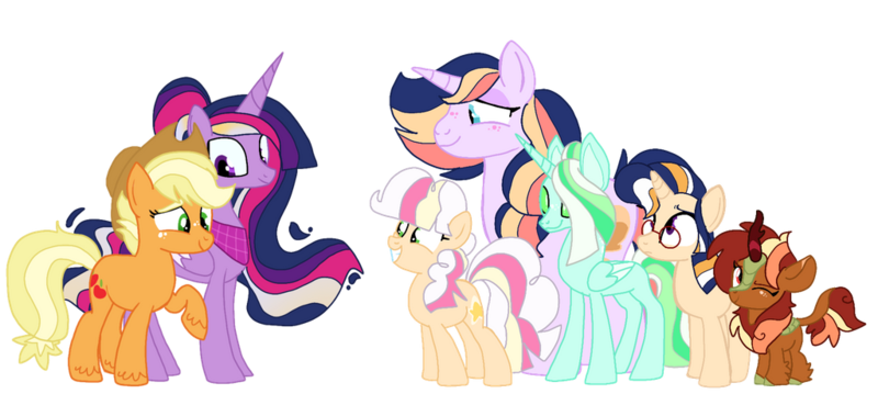 Size: 1024x459 | Tagged: safe, artist:peanutthechub, derpibooru import, applejack, twilight sparkle, twilight sparkle (alicorn), kirin oc, oc, oc:apple granola, oc:gala apple, oc:peachy dreams, oc:prince pluto, oc:star fruit, alicorn, changedling, changeling, earth pony, kirin, unicorn, adopted offspring, changedling oc, changeling oc, family, female, filly, freckles, glasses, lesbian, magical lesbian spawn, mare, offspring, one eye closed, parent:applejack, parent:twilight sparkle, parents:twijack, shipping, simple background, transparent background, twijack, ultimate twilight, wink