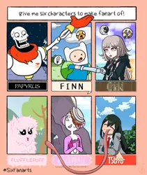 Size: 1080x1282 | Tagged: safe, artist:goldenpoppi19, derpibooru import, oc, oc:fluffle puff, human, pony, six fanarts, adventure time, crossover, danganronpa, danganronpa 2, female, finn the human, food, long tongue, mare, my hero academia, open mouth, papyrus (undertale), pasta, smiling, spaghetti, steven universe, tongue out, tsuyu asui, undertale