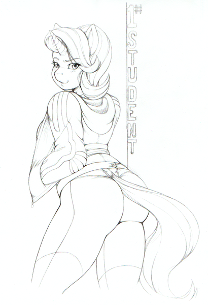 Size: 1104x1614 | Tagged: safe, artist:longinius, derpibooru import, starlight glimmer, anthro, unicorn, ass, blushing, butt, clothes, female, glimmer glutes, hands in pockets, hoodie, jacket, looking back, midriff, monochrome, pants, text, tight clothing, tights, traditional art, yoga pants