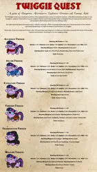 Size: 1920x3400 | Tagged: safe, artist:velgarn, derpibooru import, twilight sparkle, unicorn, adventurer, alchemist, armor, bag, cloak, clothes, combatant, crossover, fantasy class, female, fighter, fur mantle, glasses, goggles, hero quest, mare, parody, potion, rogue, saddle bag, scarf, silly, spell caster, style emulation, tabletop game, tinkerer, twiggie, twiggie quest, unicorn twilight, wildling, wizard