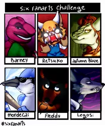 Size: 720x864 | Tagged: safe, artist:creatturesz, derpibooru import, autumn blaze, anthro, bird, dinosaur, kirin, red panda, wolf, six fanarts, aggretsuko, angry, animatronic, anthro with ponies, barney, beastars, bust, crossover, devil horn (gesture), female, five nights at freddy's, freddy fazbear, legosi (beastars), male, mordecai, open mouth, regular show, retsuko, sanrio, smiling, sunglasses, white eyes