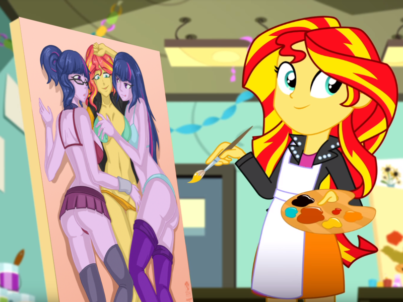 Size: 1011x758 | Tagged: questionable, artist:enyoiyourself, derpibooru import, edit, edited screencap, editor:drakeyc, screencap, sci-twi, sunset shimmer, twilight sparkle, eqg summertime shorts, equestria girls, the art of friendship, ass, bedroom eyes, blue underwear, bra, breasts, busty sunset shimmer, busty twilight sparkle, butt, clothes, cute, exploitable meme, female, glasses, group sex, imminent sex, lesbian, licking, licking lips, meme, orange underwear, painting, panties, panties pulled down, polyamory, scitwishimmer, sex, shimmerbetes, shipping, skirt, socks, stockings, sunset twiangle, sunset's painting, sunsetsparkle, the ass was fat, thigh highs, thong, threesome, tongue out, twibutt, twolight, underwear, upskirt