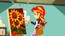Size: 1280x720 | Tagged: safe, derpibooru import, screencap, sunset shimmer, eqg summertime shorts, equestria girls, the art of friendship, flower, grin, happy, paint, painting, smiling, sunflower, sunset's painting