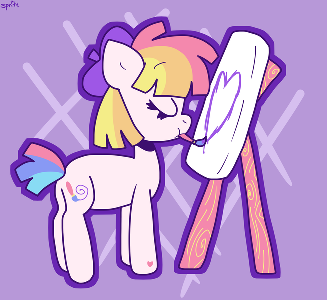 Size: 1966x1802 | Tagged: safe, artist:spritecranbirdie, derpibooru import, toola roola, earth pony, pony, canvas, cute, cutie mark, eyes closed, female, g3, heart, mare, mouth hold, paintbrush, painting, profile, roolabetes, simple background, solo