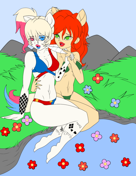 Size: 1700x2197 | Tagged: suggestive, artist:icey-wicey-1517, artist:j053ph-d4n13l, color edit, derpibooru import, edit, oc, oc:har-harley queen, oc:poison ivy (ice1517), unofficial characters only, equestria girls, barefoot, bedroom eyes, belly button, bikini, breasts, clothes, collaboration, colored, equestria girls-ified, erotic tickling, eyeshadow, feet, female, femdom, femsub, fetish, flower, grass, heterochromia, lesbian, lipstick, makeup, multicolored hair, oc x oc, poisonqueen, ponied up, rock, shipping, submissive, swimming trunks, swimsuit, tattoo, tickle fetish, tickle torture, tickling, water