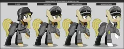 Size: 1280x512 | Tagged: safe, artist:brony-works, derpibooru import, oc, unofficial characters only, earth pony, pony, boots, clothes, earth pony oc, eyelashes, female, hat, helmet, mare, nazi, nazi germany, raised hoof, reference sheet, schutzstaffel, shoes, smiling, solo, uniform, world war ii