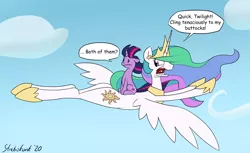 Size: 2204x1352 | Tagged: safe, artist:strebiskunk, derpibooru import, princess celestia, twilight sparkle, alicorn, pony, unicorn, cloud, dialogue, female, flying, mare, ponies riding ponies, powdered toast man, ren and stimpy, riding, sky, unicorn twilight, windswept mane