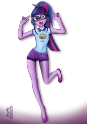 Size: 903x1280 | Tagged: safe, artist:atalix, derpibooru import, sci-twi, twilight sparkle, equestria girls, 2010s, 2019, base used, beautiful, beautisexy, camp everfree outfits, clothes, denim shorts, flats, glasses, happy, legs, multicolored hair, open mouth, ponytail, purple eyes, purple skin, sexy, shirt, shoes, shorts, simple background, skunk stripe, solo, t-shirt, transparent background, watermark