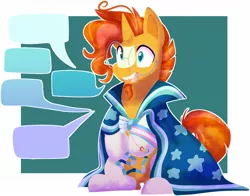 Size: 1361x1066 | Tagged: safe, artist:ditzydoggy, derpibooru import, sunburst, pony, unicorn, cloak, clothes, dialogue box, glasses, lgbt headcanon, pride, pride flag, robe, sitting, solo, sunburst's robe, transgender pride flag, word balloon