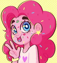 Size: 1280x1407 | Tagged: safe, artist:angie5174, derpibooru import, gummy, pinkie pie, equestria girls, bust, confetti, cute, diapinkes, female, food, peace sign, solo, sprinkles, stars, sticker, tongue out