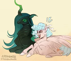 Size: 3500x3000 | Tagged: safe, artist:meadowmood, deleted from derpibooru, derpibooru import, cozy glow, queen chrysalis, changedling, changeling, changeling queen, pegasus, pony, a better ending for chrysalis, a better ending for cozy, doodle, female, mommy chrissy, older, older cozy glow, open mouth