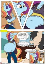 Size: 955x1350 | Tagged: suggestive, artist:teabucket, deleted from derpibooru, derpibooru import, sassy saddles, oc, oc:chug-a-lug, anthro, earth pony, unicorn, belly, big belly, blushing, breasts, buffet, comic, eating, fat, female, food, food baby, male, patreon, patreon logo, stomach noise, stuffed, stuffing, weight gain