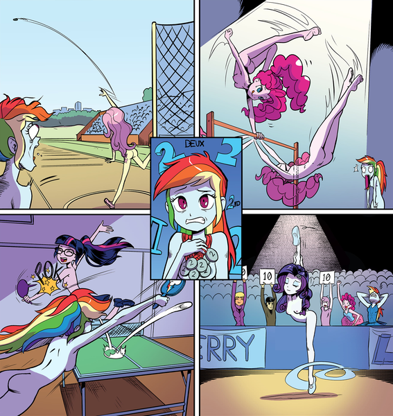 Size: 1834x1941 | Tagged: questionable, artist:pencils, derpibooru import, edit, editor:ardjet, idw, cranky doodle donkey, fluttershy, ms. harshwhinny, pinkie pie, rainbow dash, rarity, sci-twi, twilight sparkle, equestria girls, spoiler:comic, spoiler:comicequestriagirlsmarchradness, armpits, breasts, casual nudity, cutie mark, cutie mark on equestria girl, exhibitionism, nipples, nude edit, nudity, small breasts
