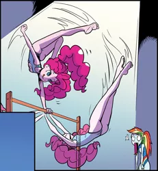 Size: 911x985 | Tagged: suggestive, artist:pencils, derpibooru import, edit, editor:ardjet, idw, pinkie pie, rainbow dash, equestria girls, spoiler:comic, spoiler:comicequestriagirlsmarchradness, ass, butt, clothes, feet, gymnastics, jaw drop, leotard, sleeveless, tongue out, wedgie