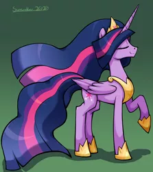 Size: 2656x2976 | Tagged: safe, artist:moonseeker, derpibooru import, princess twilight 2.0, twilight sparkle, twilight sparkle (alicorn), alicorn, pony, the last problem, crown, eyes closed, female, grin, high res, hoof shoes, jewelry, mare, older, older twilight, one hoof raised, raised hoof, regalia, smiling, solo